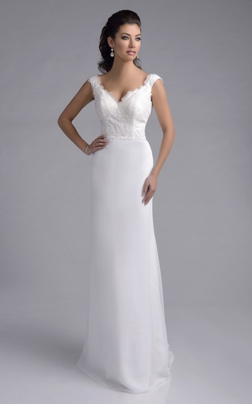 Cap Sleeve V-Neck Lace And Chiffon A-Line Wedding Dress