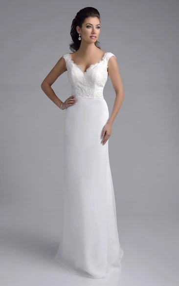 Cap Sleeve V-Neck Lace And Chiffon A-Line Wedding Dress