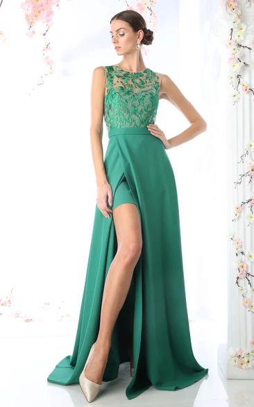 Sheath Jewel-Neck Sleeveless Jersey Illusion Dress With Embroidery And Split Front
