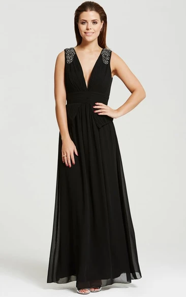 Beaded Sleeveless V-Neck Chiffon Bridesmaid Dress With Peplum
