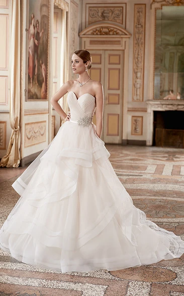 Ball Gown Sweetheart Tulle Wedding Dress With Criss Cross And Tiers