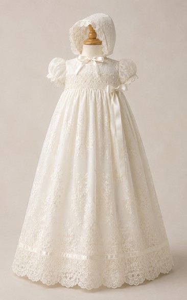 Baby Christening Gown Vintage Modest Princess Ball Gown Puff Sleeve Tulle Lace Floor-Length with Bonnet in Ivory