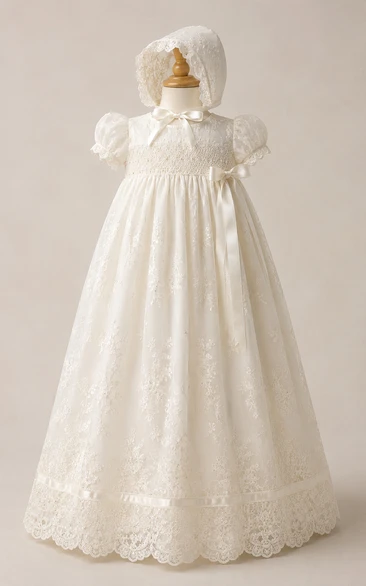Baby Christening Gown Vintage Modest Princess Ball Gown Puff Sleeve Tulle Lace Floor-Length with Bonnet in Ivory
