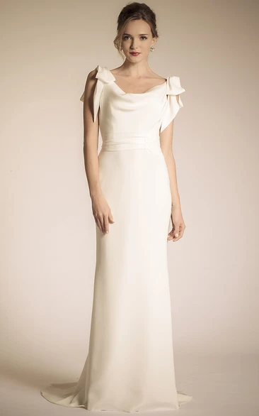 Long Cowl Bowed Chiffon Wedding Dress With Sweep Train And V Back