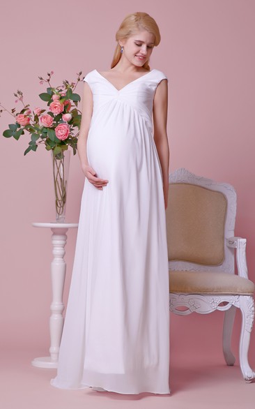 Graceful V-neck Cap-sleeved Sheath Chiffon Floor Length Dress