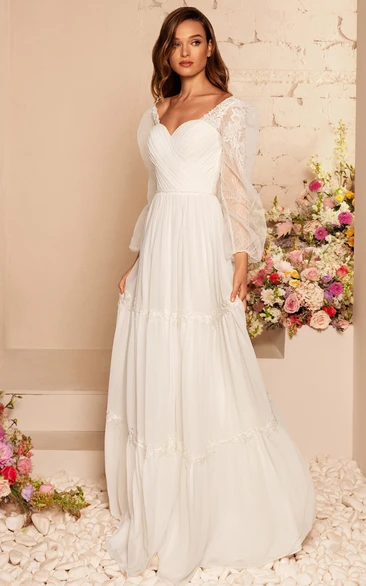 Casual A Line Chiffon Long Sleeve Illusion Wedding Dress with Criss Cross