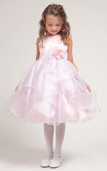Tea-Length Split-Front Bowed Organza&Satin Flower Girl Dress