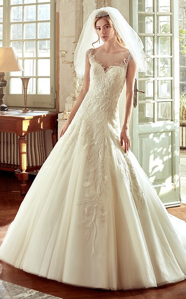 Strap-Neckline A-Line Wedding Dress With Drop Waist And Embroidery