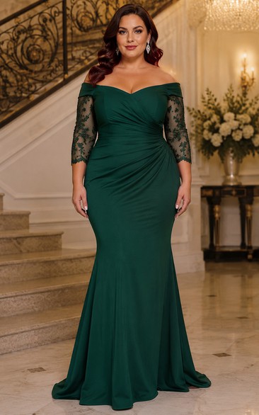 Plus Size Dark Green Off-the-Shoulder Mermaid Lace Sleeve Dress