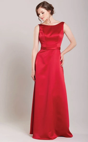 Sleeveless Scoop Neck Ribboned Satin Bridesmaid Dress With Low-V Back