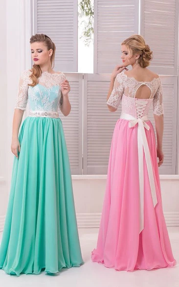 A-Line Floor-Length Sweep Scalloped Half Sleeve Chiffon Lace Beading Lace-Up Dress