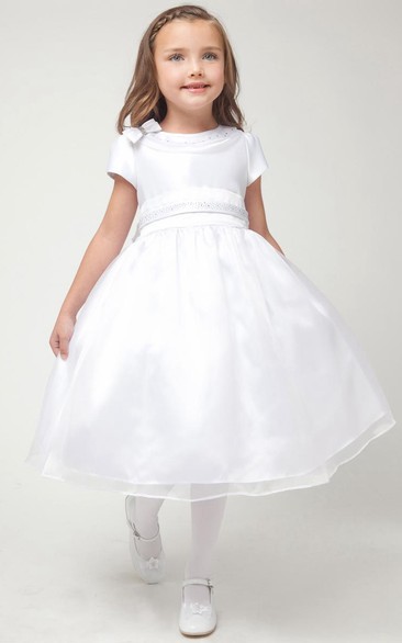 Tea-Length Bowed Cap-Sleeve Organza&Satin Flower Girl Dress