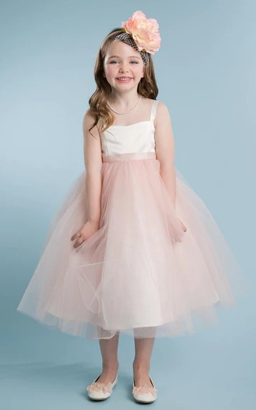 Spaghetti Tea-Length Empire Tiered Tulle&Satin Flower Girl Dress