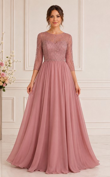 A-Line Bateau 3/4 Length Sleeve Chiffon Mother Dress with Lace