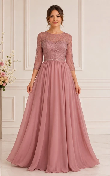 A-Line Bateau 3/4 Length Sleeve Chiffon Mother Dress with Lace