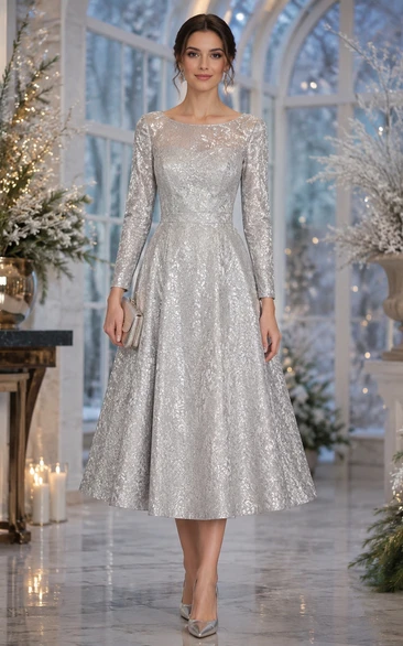 A-Line Sequin Cocktail Dress with Jewel, Long Sleeve and Sequins, Tea Length