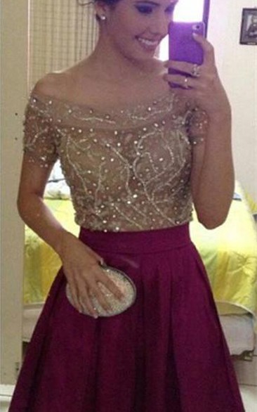 Modern Off-the-shoulder Sequined Cocktail Dress Mini A-line Burgundy