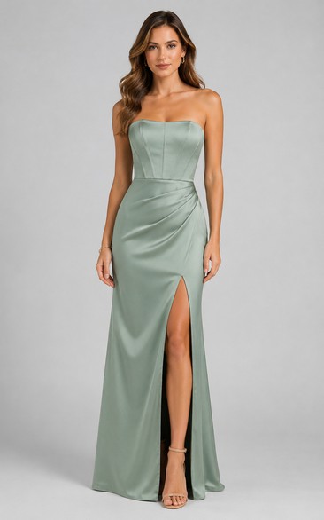 Sage Strapless Satin Sheath Dress with Slit