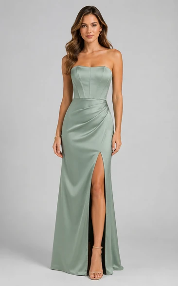 Sage Strapless Satin Sheath Dress with Slit