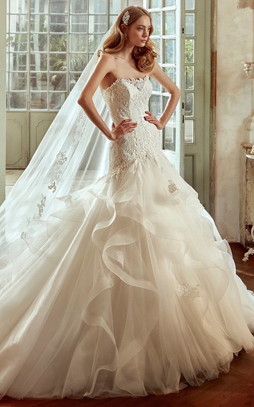 Strapless Ruching Wedding Dress with Cascading Ruffles and lace Corset