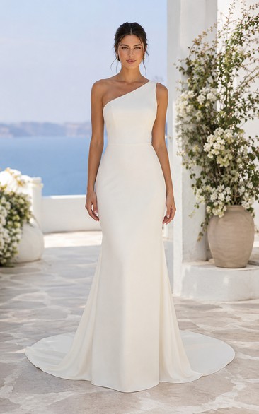One Shoulder Crepe Mermaid Wedding Dress with Asymmetric Neckline and Train