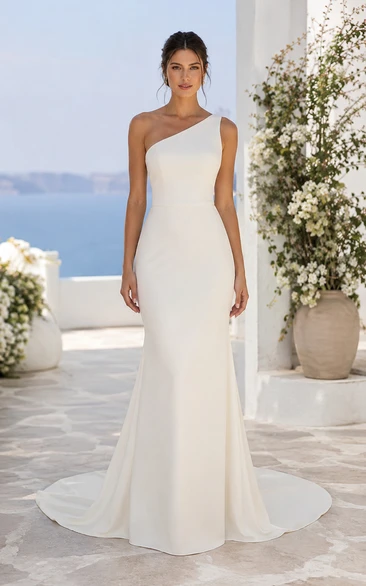 One Shoulder Crepe Mermaid Wedding Dress with Asymmetric Neckline and Train
