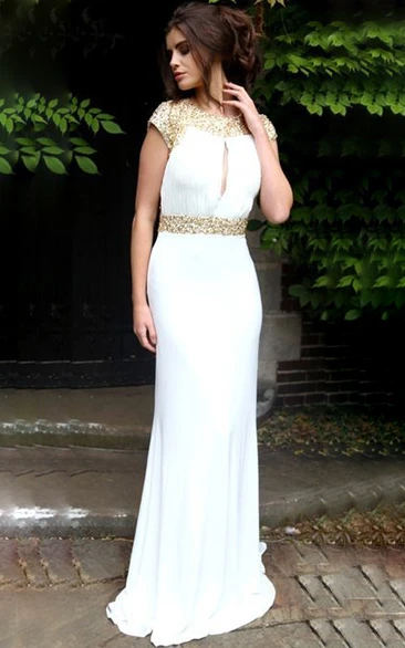 Beaded Scoop Neck Cap Sleeve Chiffon Prom Dress With Keyhole