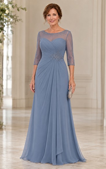 Steel Blue Illusion Sleeve Mother Gown Steel Blue Bateau Jewel A-Line Floor-length