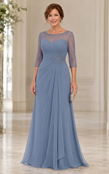 Steel Blue Illusion Sleeve Mother Gown Steel Blue Bateau Jewel A-Line Floor-length
