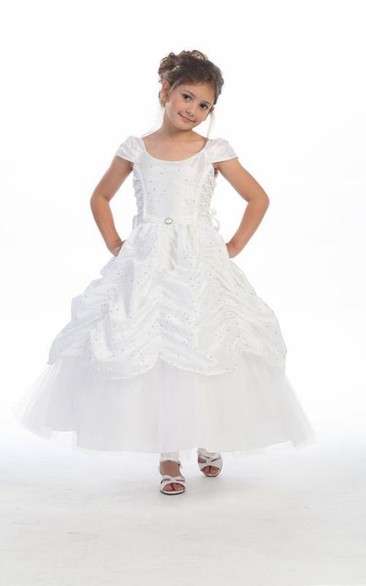 Ankle-Length Tiered Embroideried Lace&Taffeta Flower Girl Dress With Broach