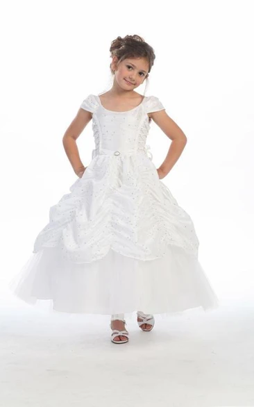 Ankle-Length Tiered Embroideried Lace&Taffeta Flower Girl Dress With Broach