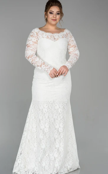 Modern Sheath Scalloped Floor-length Long Sleeve Lace Wedding Dress 