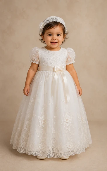 Baby Christening Gown Modest A-Line Puff Sleeve Tulle Lace Floor-Length with Bow Sash in White