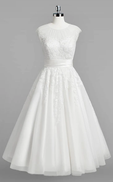 Jewel Neck Cap Sleeve A-Line Lace Tea Length Wedding Dress With Ruched Belt