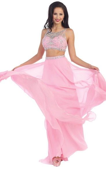 Two-Piece A-Line Maxi Scoop-Neck Sleeveless Chiffon Keyhole Dress With Beading