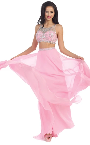 Two-Piece A-Line Maxi Scoop-Neck Sleeveless Chiffon Keyhole Dress With Beading