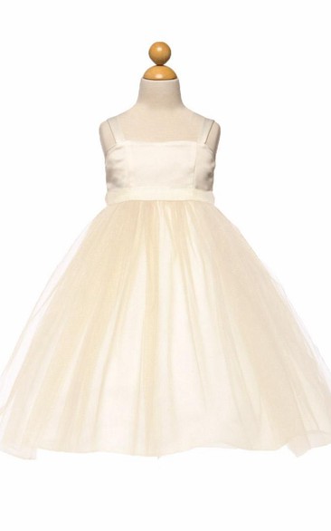 Tea-Length Spaghetti Tiered Empire Tulle&Satin Flower Girl Dress