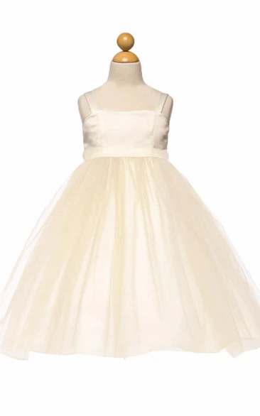 Tea-Length Spaghetti Tiered Empire Tulle&Satin Flower Girl Dress