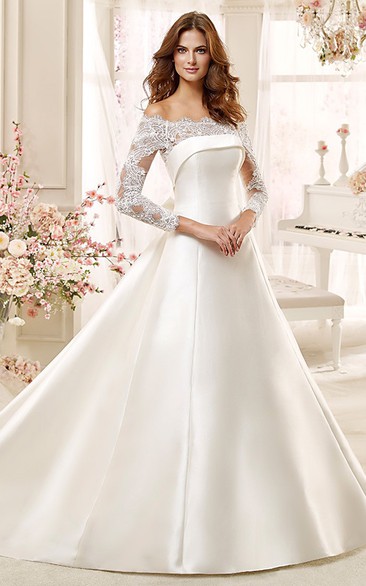 Off-Shoulder A-Line Satin Wedding Dress With Lace Long Sleeves And Brush Train