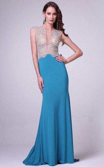 Sheath Maxi Jewel-Neck Sleeveless Jersey Illusion Dress With Beading