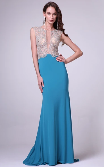 Sheath Maxi Jewel-Neck Sleeveless Jersey Illusion Dress With Beading