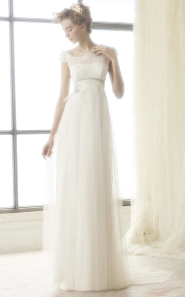 A-Line Sleeveless Floor-Length Lace Bateau Tulle Wedding Dress With Illusion Back And Sweep Train