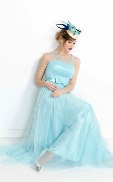 Sleeveless Bowed Floor-Length Scoop-Neck Tulle&Satin Prom Dress With Beading