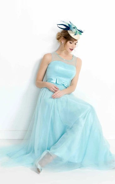 Sleeveless Bowed Floor-Length Scoop-Neck Tulle&Satin Prom Dress With Beading