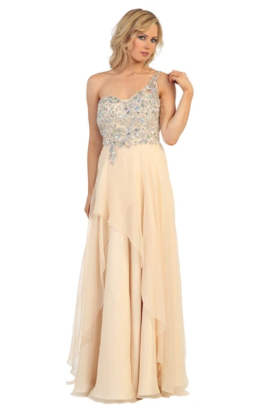 A-Line One-Shoulder Sleeveless Chiffon Illusion Dress With Draping And Chiffon