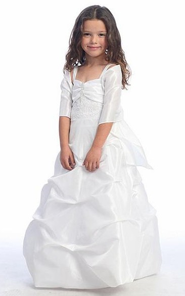 Spaghetti Cape Tiered Taffeta Flower Girl Dress With Pick Up