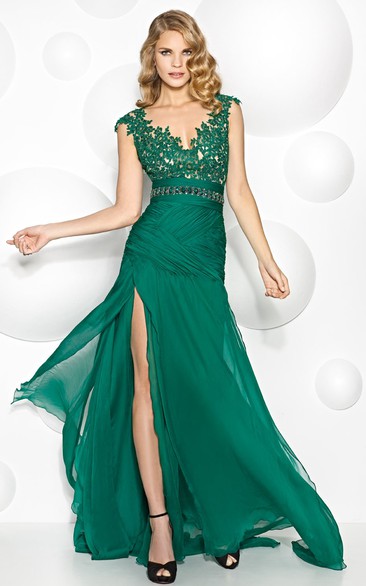 V-Neck Cap Sleeve Jeweled Chiffon Prom Dress