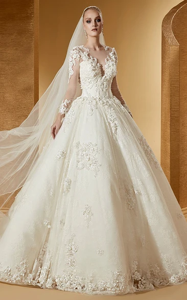 Vintage Long-Sleeve Ball Gown With Fine Appliques And Illusive Jewel Neck