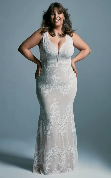 Sexy Plunged Sleeveless Mermaid Plus Size Lace Wedding Dress with Low-v Back
