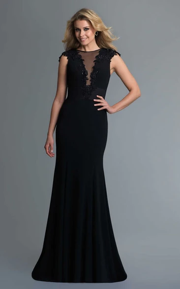Sheath Jewel-Neck Cap-Sleeve Jersey Illusion Dress With Appliques